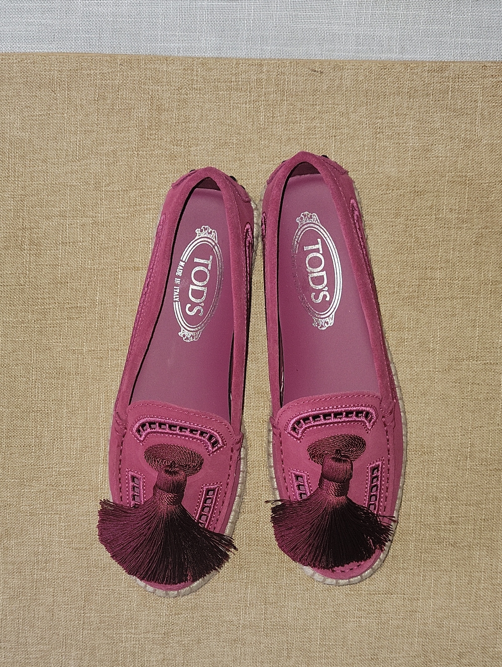 TOD'S Pink Suede Espadrille   Tassel Loafers
